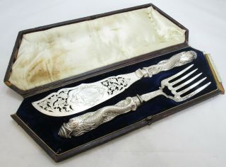 Lovely Pair Antique Victorian Sterling Silver Fish Servers,  1850,  Ah