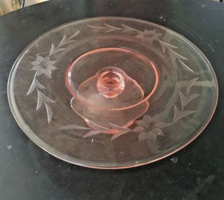 Vintage Pink Depression Glass Footed Cake Plate Stand W/ Elegant Floral Etchings