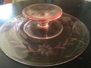 Vintage Pink Depression Glass Footed Cake Plate Stand w/ Elegant Floral Etchings 3