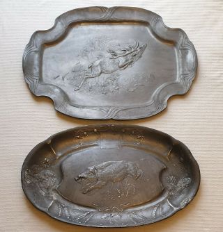 Kayserzinn Hugo Leven & Orivit Pewter Platters Art Nouveau Jugendstil Boar Stag