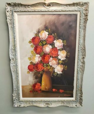 Vintage Pink Red Roses Oil Painting Canvas Ornate Framed Signed Large 43x31 "