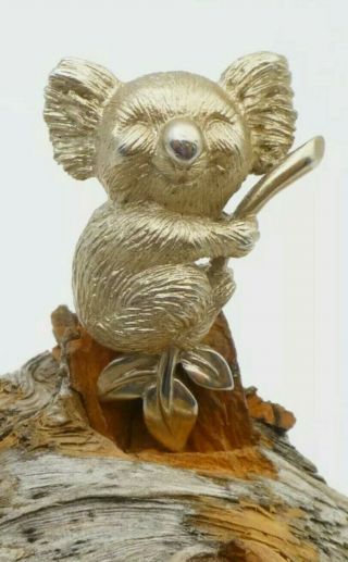 Vintage Rare Crown Trifari Happy Koala Bear Figural Eucalyptus Brooch/pin