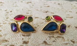 Vintage Trifari Goldtone Red,  Blue,  Green & Purple Stone Post Pierced Earrings