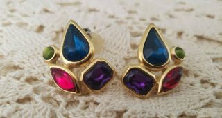 Vintage Trifari GoldTone Red,  Blue,  Green & Purple Stone Post Pierced Earrings 2
