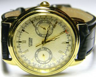 Mens Citizen Triple Calendar Day Date Month Pointer Gold Plated Dress Watch 3655