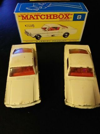 Two Vintage Lesney Matchbox Ford Mustang 8 White W/red Interior W/1 Box