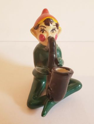 Vintage Mid Century Green Christmas Elf Pixie Ceramic Figurine Saxophone Japan