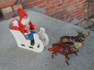 Antique German Santa w/ Sleigh and 2 glass - eyed composition Reindeer 2