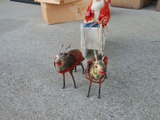 Antique German Santa w/ Sleigh and 2 glass - eyed composition Reindeer 3