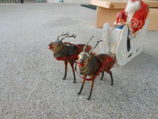 Antique German Santa w/ Sleigh and 2 glass - eyed composition Reindeer 4