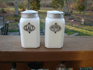 Vintage Milk Glass Salt And Peper Shakers With Black Print Anchor Hocking