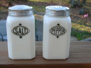 Vintage Milk Glass Salt and Peper Shakers with Black Print Anchor Hocking 2