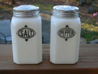 Vintage Milk Glass Salt and Peper Shakers with Black Print Anchor Hocking 3