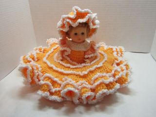 Vintage Doll With Hand Crocheted 20 " Diameter Poufy Dress & Hat