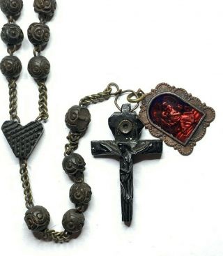 † Scarce Antique Stanhope Carved Bovine Rosary Enameled St Christopher Medal †