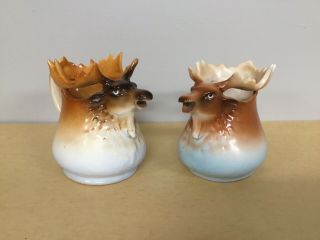 Vintage Ceramic Moose Or Elk Head Creamer Set Of 2 Made In Austria
