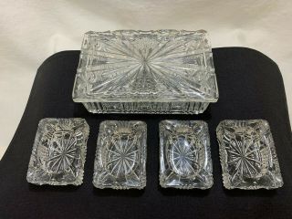 Vintage Lead Crystal Cigarette Box W/4 Ashtrays For Trinket Jewelry Vanity Desk