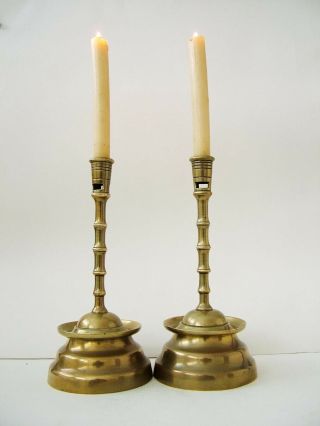 Gothic Medieval 15th C.  Flemish Style Antique Brass Candlesticks.  26 Cm.