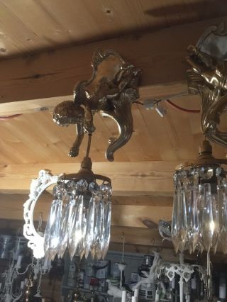 Pair Vintage French Gilt Cherub Crystal Chandelier Wall Lights