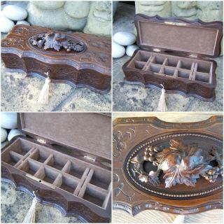 Lovely 19c Black Forest Hand Carved Jewellery Box - Wonderful Interior