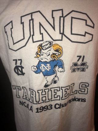 Vintage 1993 Unc North Carolina Tar Heels Basketball Ncaa Champions T Shirt Larg