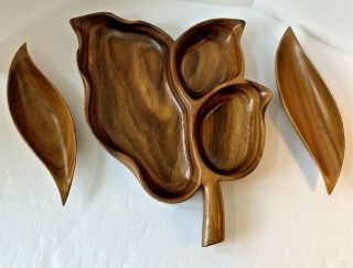 Vintage Monkey Pod Wood Snack Platter Serving Dish Tray Leaf Shaped Side Dishes