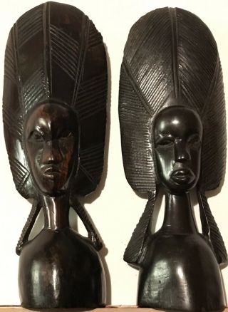 Vintage Carved 10 1/2’’ Tall Ebony Busts,  Tanzania/kenya