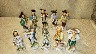 Antique Group 10 Unmarked German Meissen Style Porcelain Monkey Band Figurines