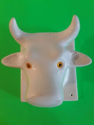 Vtg Cow Or Bull Head,  White Ceramic,  7 1/4 " Tall,  Towel,  Apron Wall Hook.  Momooo