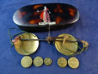 Lovely Antique Victorian Cased Coin Balance With Stunning Weights,  " Justice " Tin