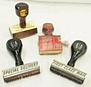 4 Vintage Rubber Ink Stamps Front / Englewood First Class Air Mail Special Del