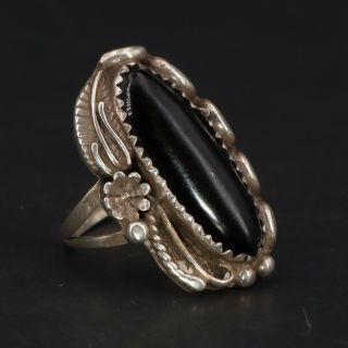 Vtg Sterling Silver - Navajo Braided Onyx Flower Feather Ring Size 5 - 4g