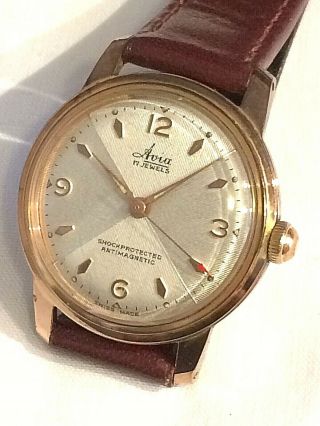 Vintage Gold Plated Swiss Avia Mens Dress Watch Ft.  Red Pointer Second Hand