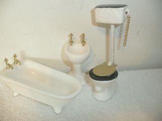 Dollhouse Miniature Porcelain Bathroom Set Victorian Footed Bath Tub Toilet Sink