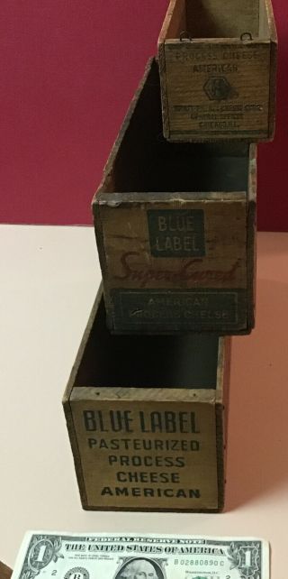 LQQK Set 3 VINTAGE wooden CHEESE BOXES - KRAFT,  BLUE LABEL & CURED 2