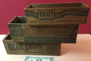 LQQK Set 3 VINTAGE wooden CHEESE BOXES - KRAFT,  BLUE LABEL & CURED 3