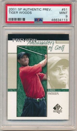 Tiger Woods 2001 Sp Authentic 51 Rc Rookie Preview Sample Card Psa 9