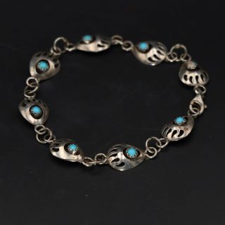 Vtg Sterling Silver - Navajo Turquoise Bear Paw Claw Link 7 " Bracelet - 6g
