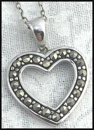 Vintage.  925 Sterling Silver & Marcasite,  Open Heart Pendant Necklace,  18 "