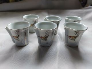 Vtg Kutani whistling sake cups,  set of 6,  hand painted porcelain,  bird & bamboo 2