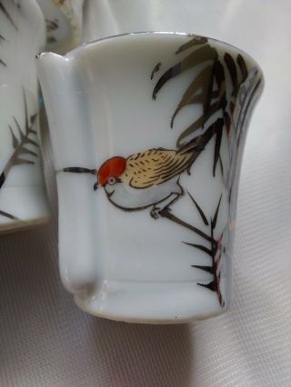 Vtg Kutani whistling sake cups,  set of 6,  hand painted porcelain,  bird & bamboo 3