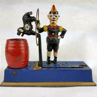 Antique 1920s Cast Iron Hubley Trick Dog & Clown Mechanical Bank