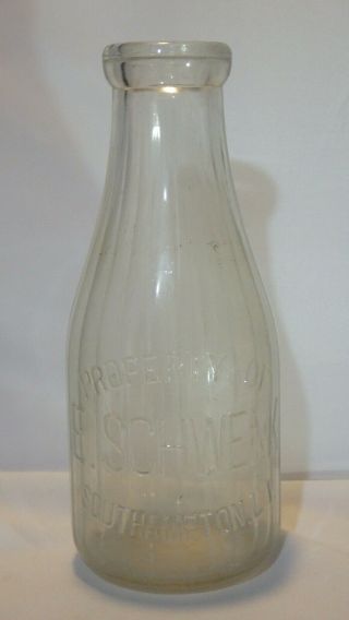 Vintage Embossed E.  Schwenk Dairy Clear Glass Milk Bottle Southampton,  L.  I.  Ny