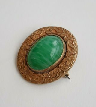 Vintage Deco Oval Repousse Gilt Brass Green Peking Glass Brooch Pin