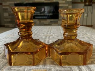 Set Of 2 Vintage Amber Fostoria Coin Glass Candle Stick Holders 4.  5 "