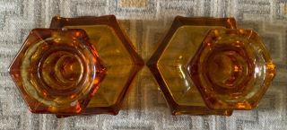 Set of 2 Vintage Amber Fostoria Coin Glass Candle Stick Holders 4.  5 