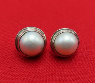 Vintage Sterling Silver Pierced Earrings Authentic Pearl Modernist Jewelry 344r