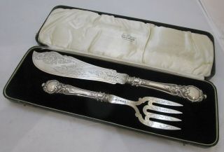 Cased Pair Antique Victorian Sterling Silver Fish Servers,  341 Grams,  1870 - 2