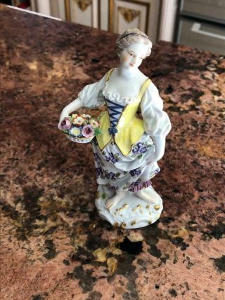 Fine Antique Meissen Porcelain Figurine Lady With Bucket Of Flowers