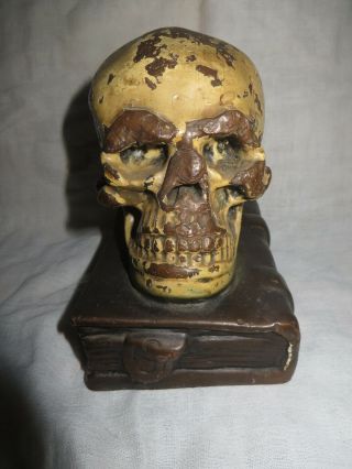 Single Antique Bronze - Clad Skull And Grimoire Bookend By Armor Bronze Circa 1922